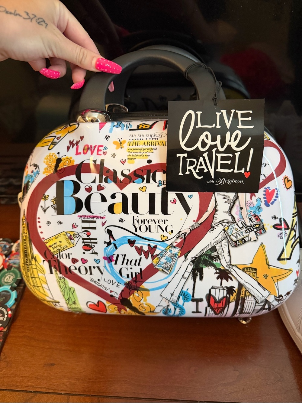 Brighton Olive Love Travel! White Graphic Cosmetic Case